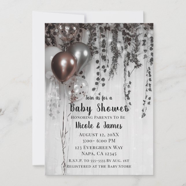 Silver & Rose Gold Pink Balloons Ivy Baby Dusche Einladung (Vorderseite)