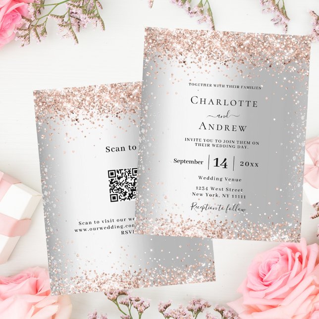 Silver Rose Gold QR UAWG budget Einladung Hochzeit (Von Creator hochgeladen)
