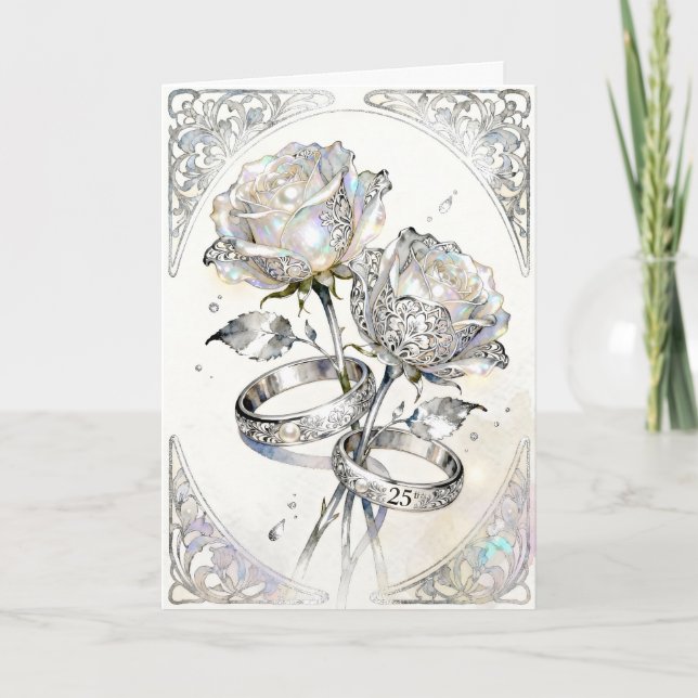 Silver Roses and Rings 25th Wedding Anniversary Karte (Vorderseite)