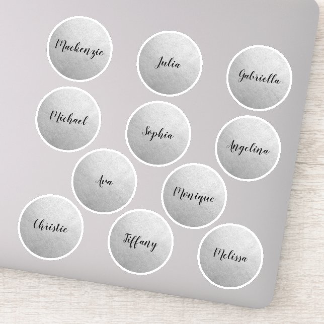 Silver Round Circle Individual Names Gastgeschenk Aufkleber (Detail)