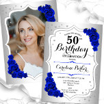 Silver Royal Blue Foto Elegant 50. Geburtstag Einladung<br><div class="desc">Elegante florale feminine 50. Geburtstagseinladung mit Ihrem Foto auf der Kartenrückseite. Glam-Design mit Imitaten Silber. Enthält königsblaue Rose,  Skript-Schriftart und Konfetti. Ideal für ein stilvolles Party für Erwachsene. Personalisieren Sie Ihre persönlichen Daten. Kann für jedes Alter angepasst werden! Gedruckte Zazzle Einladungen oder Sofortdownload digitalen druckbaren Vorlage.</div>
