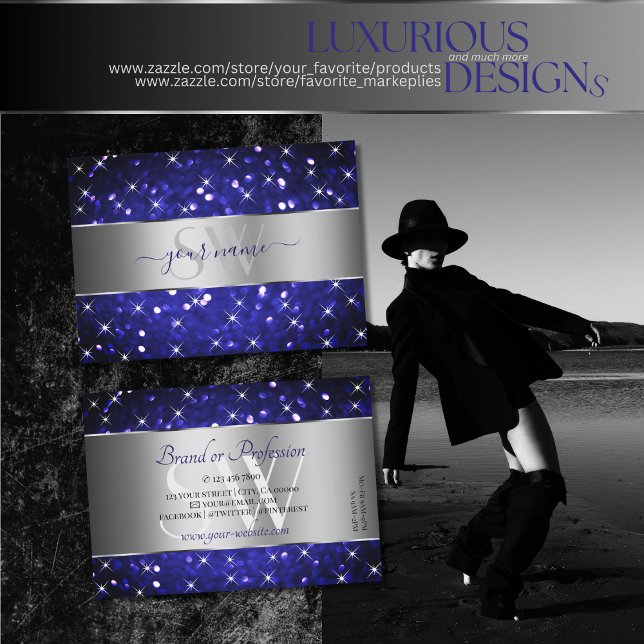 Silver Royal Blue Glitzer Sparkle Stars Visitenkarte (Von Creator hochgeladen)
