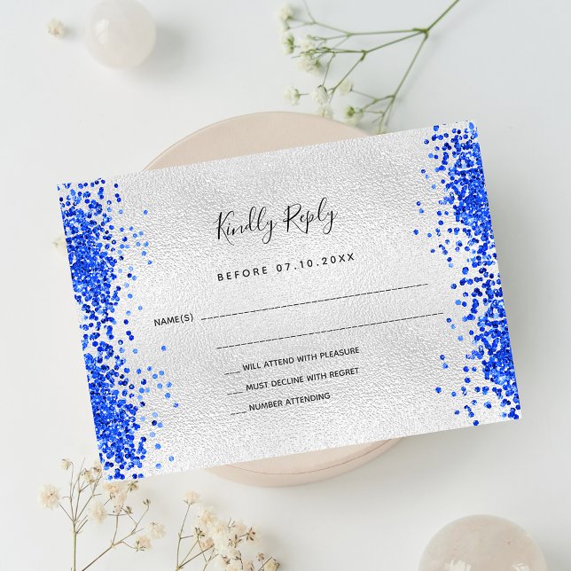 Silver Royal Blue Moderne Hochzeit RSVP Mitteilungskarte (Von Creator hochgeladen)