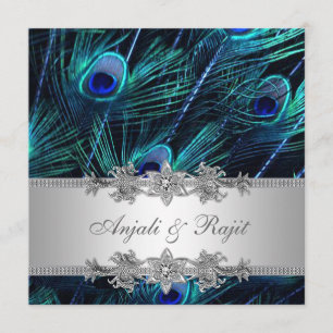 Silver Royal Blue Peacock Wedding Einladung