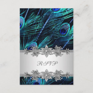 Silver Royal Blue Peacock Wedding RSVP Karte