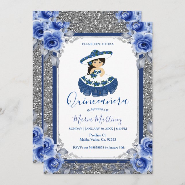  Silver Royal Blue Rose Quinceanera  Einladung (Vorne/Hinten)