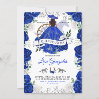 Silver Royal Blue Rose Western Charra Quinceañera Einladung