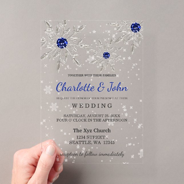 Silver Royal Blue Schneeflocken Winter Wedding Acryleinladungen (Insitu (Handheld))