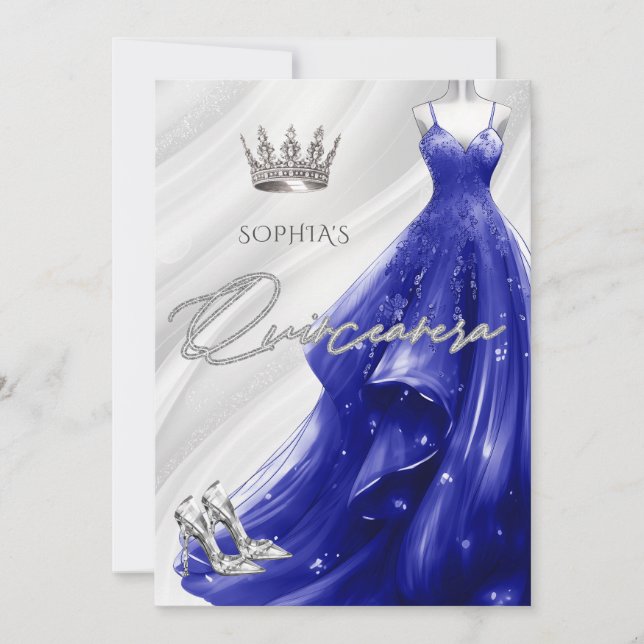 Silver Royal Blue Sparkle Dress Quinceañera Einladung (Vorderseite)