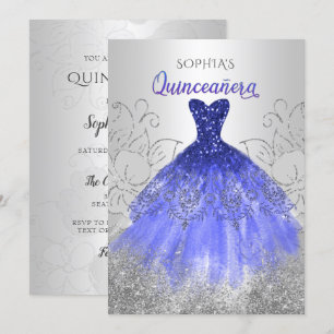 Silver Royal Blue Sparkle Dress Quinceañera Einladung