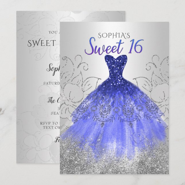 Silver Royal Blue Sparkle Dress Sweet 16 Einladung (Vorne/Hinten)