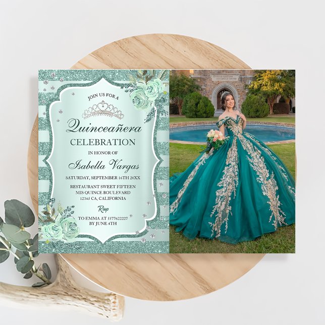 Silver Royal Green Quinceanera Birthday Foto Einladung (Von Creator hochgeladen)