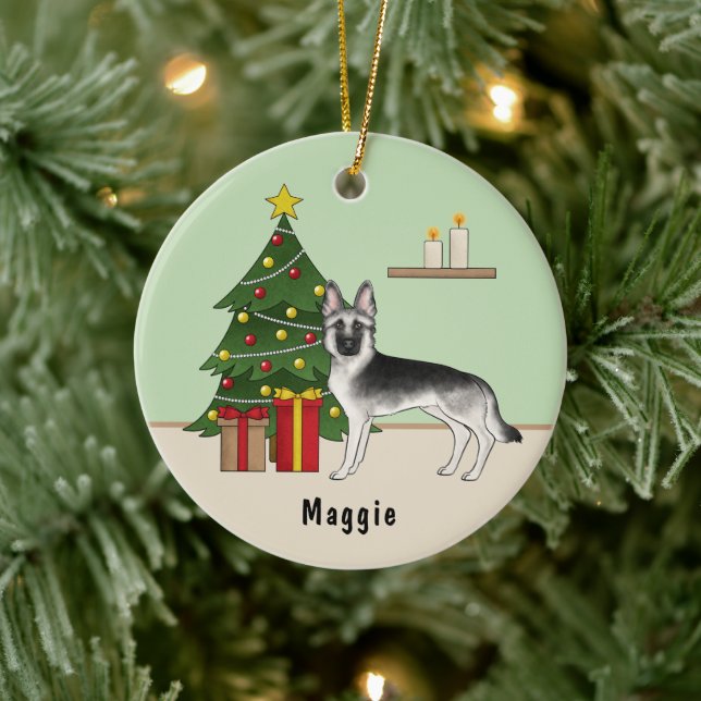 Silver Sable German Shepherd Green Christmas Tree Keramik Ornament (Baum)
