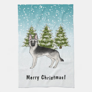 Silver Sable German Shepherd im Winter mit Text Geschirrtuch