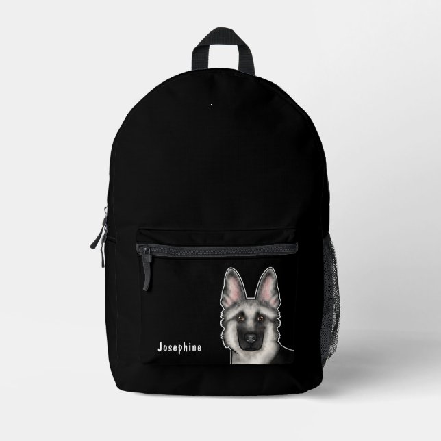 Silver Sable German Shepherder Head and Name Black Bedruckter Rucksack (Vorderseite)