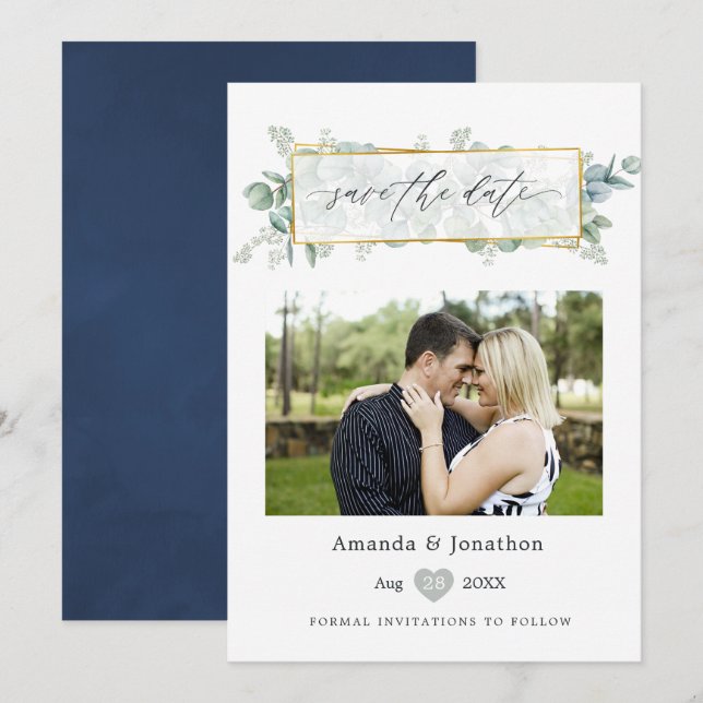 Silver Sage and Navy Eucalyptus Geometric Wedding Save The Date (Vorne/Hinten)
