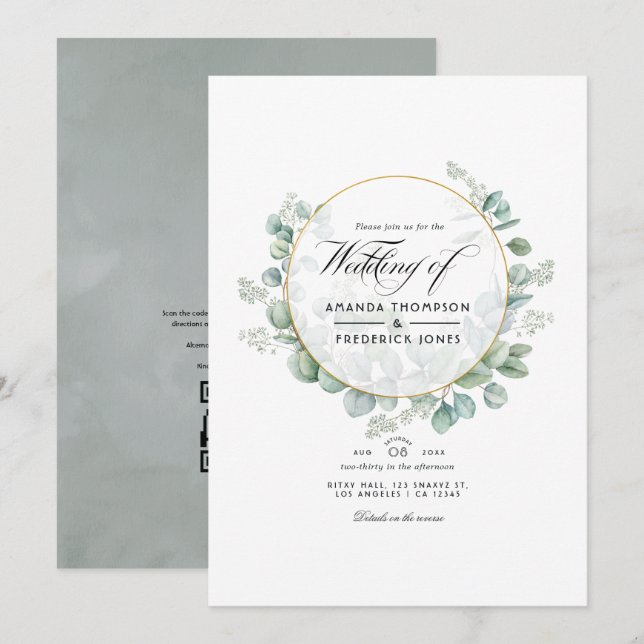 Silver Sage Eukalyptus Geometric QR Code Wedding Einladung (Vorne/Hinten)