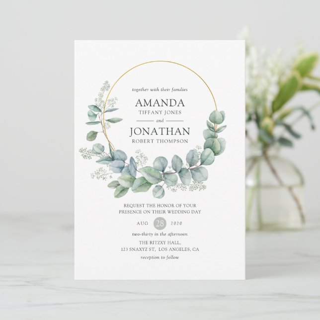 Silver Sage Geometric Eucalyptus Wedding Einladung (Stehend Vorderseite)