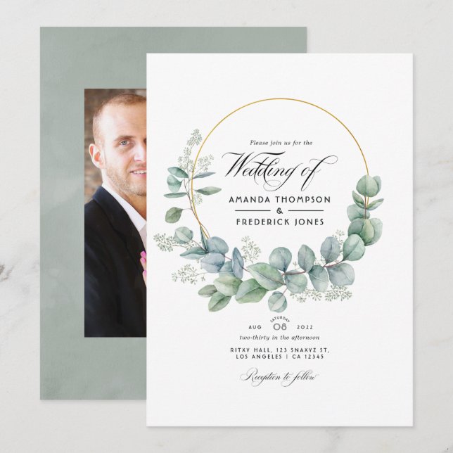 Silver Sage Geometric Eucalyptus Wedding Foto Einladung (Vorne/Hinten)