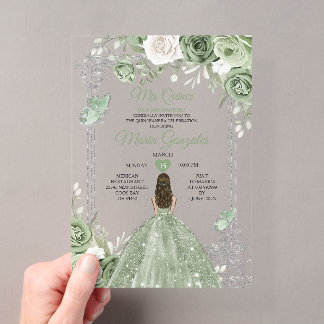 Silver Sage Green Mis Quince 15 Anos Butterfly Acryleinladungen