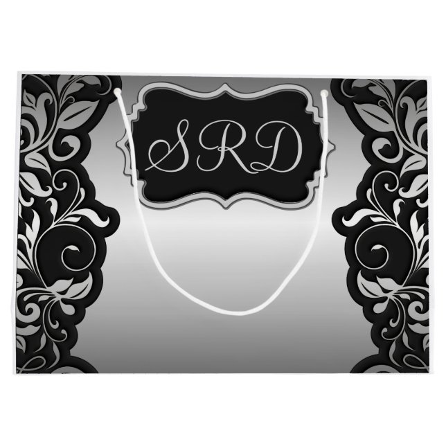 Silver Satin Blüht schwarz & grau personalisieren Große Geschenktüte (Rückseite)