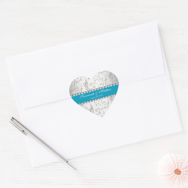 Silver Save the Date Hawaiian Blue Wedding Siegel Herz-Aufkleber (Umschlag)