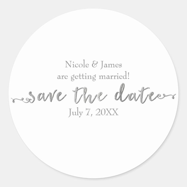 Silver Save the Date Script Custom Personalisiert Runder Aufkleber (Vorderseite)