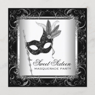 Silver Schwarz-weiß Sweet 16 Masquerade Party Einladung