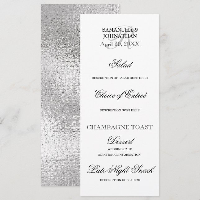 Silver Schwarz-weiße Hochzeit DIY Menü Dinner Part Einladung (Vorne/Hinten)