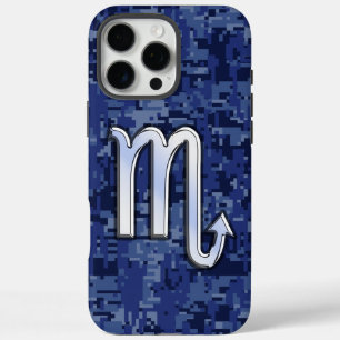 Silver Scorpio Zodiac Sign auf Blue Camouflage iPhone 16 Pro Max Hülle