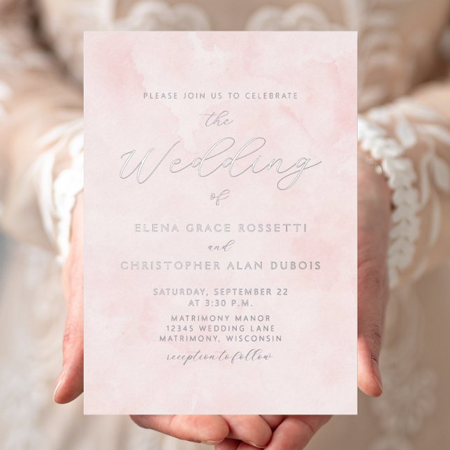 Silver Script Blush Watercolor Wash Wedding Folieneinladung (Von Creator hochgeladen)