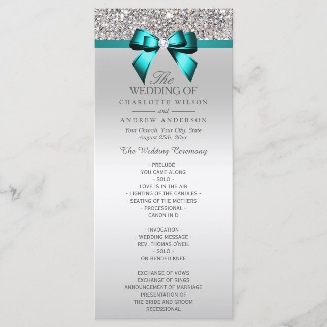 Silver Sequin Aquamarin Diamond Bow Wedding Progra Programm (Vorderseite)