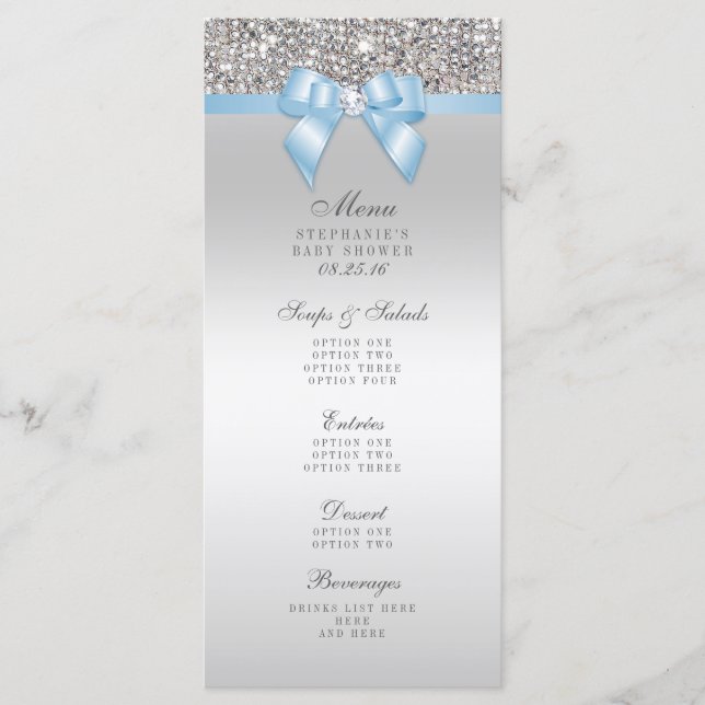 Silver Sequin Baby Blue Bow Baby Showmenü Menükarte (Vorderseite)