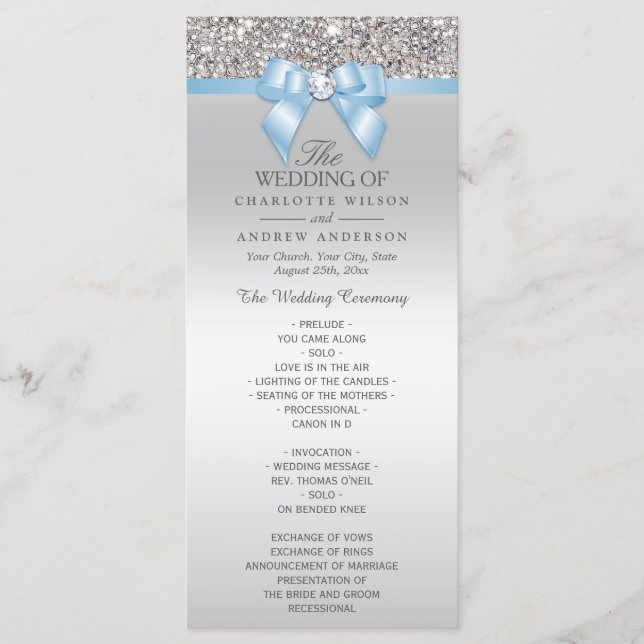Silver Sequin Baby Blue Bow Wedding Program Programm (Vorderseite)