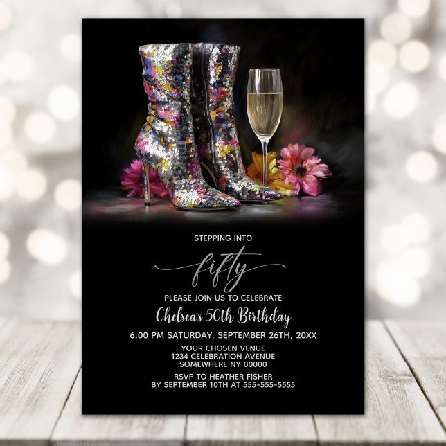 Silver Sequin Boots 50th Birthday Party Einladung (Von Creator hochgeladen)