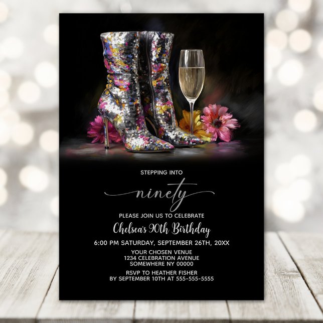 Silver Sequin Boots 90th Birthday Party Einladung (Von Creator hochgeladen)