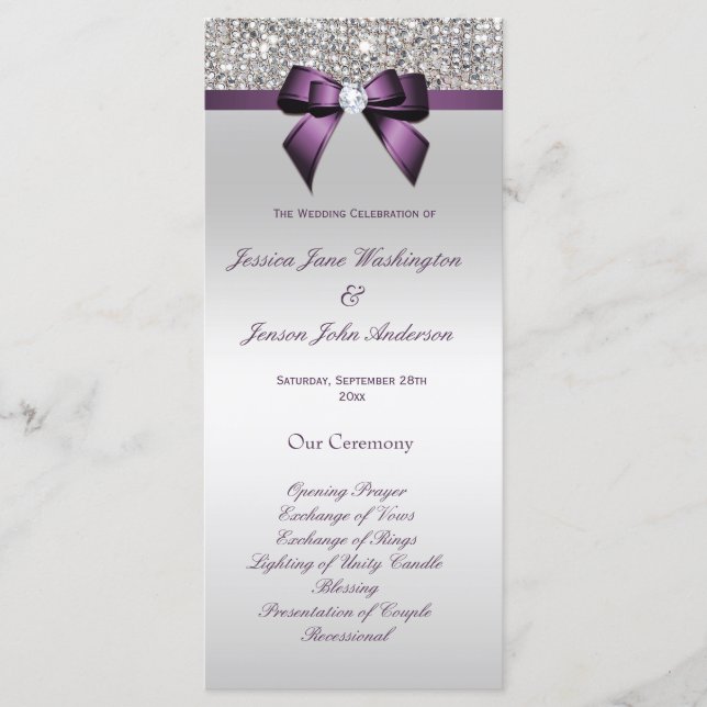 Silver Sequin Lila Bow Wedding Program Programm (Vorderseite)