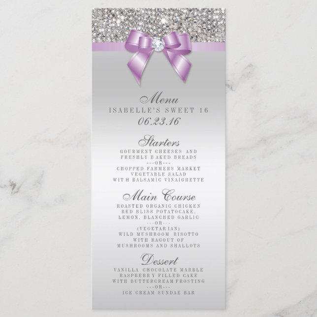 Silver Sequin Lilac Bow Sweet 16 Menu Menükarte (Vorderseite)