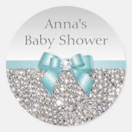 Silver Sequins Aquamarin Bow Diamond Baby Dusche Runder Aufkleber