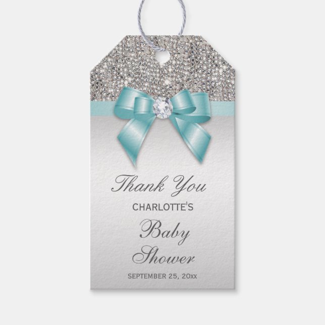 Silver Sequins Aquamarin Diamond Bow Baby Shooter Geschenkanhänger (Vorderseite)