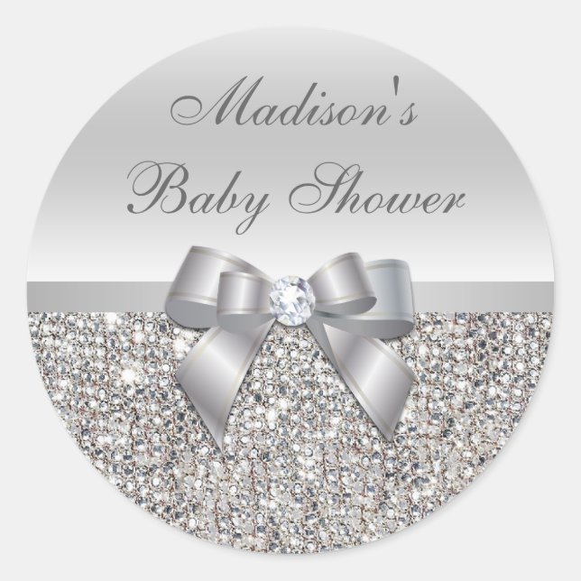 Silver Sequins Bow Baby Shower Stickers (Vorderseite)