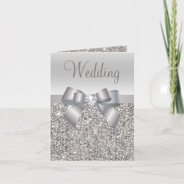 Silver Sequins, Bow & Diamond Wedites Einladung (Vorderseite)