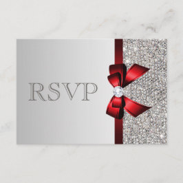 Silver Sequins Diamond Red Bow Wedding RSVP Karte