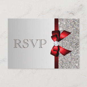 Silver Sequins Diamond Red Bow Wedding RSVP Karte