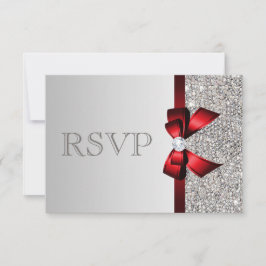 Silver Sequins Diamond Red Bow Wedding RSVP Karte