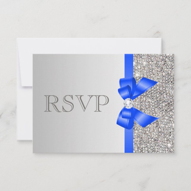 Silver Sequins Diamond Royal Blue Bow Wedding RSVP Karte (Vorderseite)