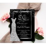 Silver Sequins Dress 50. Geburtstag Einladung<br><div class="desc">Silber Sequins Kleid und Konfetti auf schwarzem Hintergrund.</div>