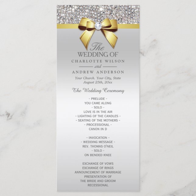 Silver Sequins Gold Diamond Bow Wedding Program Programm (Vorderseite)