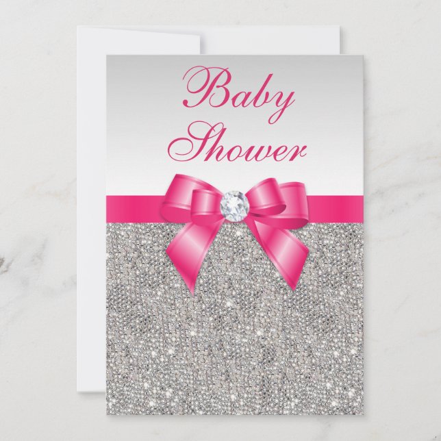 Silver Sequins Hot Pink Bow Girls Babydusche Einladung (Vorderseite)