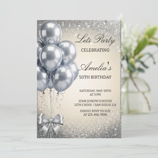 Silver Sequins Let's Birthday Party Invitation (Debout devant)